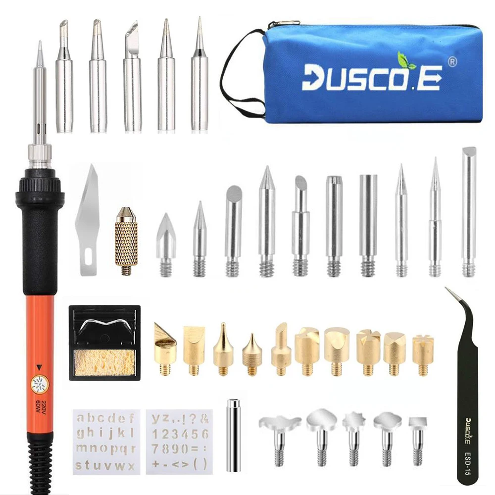 Dusco.E 110V/220V US/EU Plug 60w Adjustable Soldering Iron Wood Burning Pen Set Carving Pyrography Tool 5 pcs Welding Tips Kit