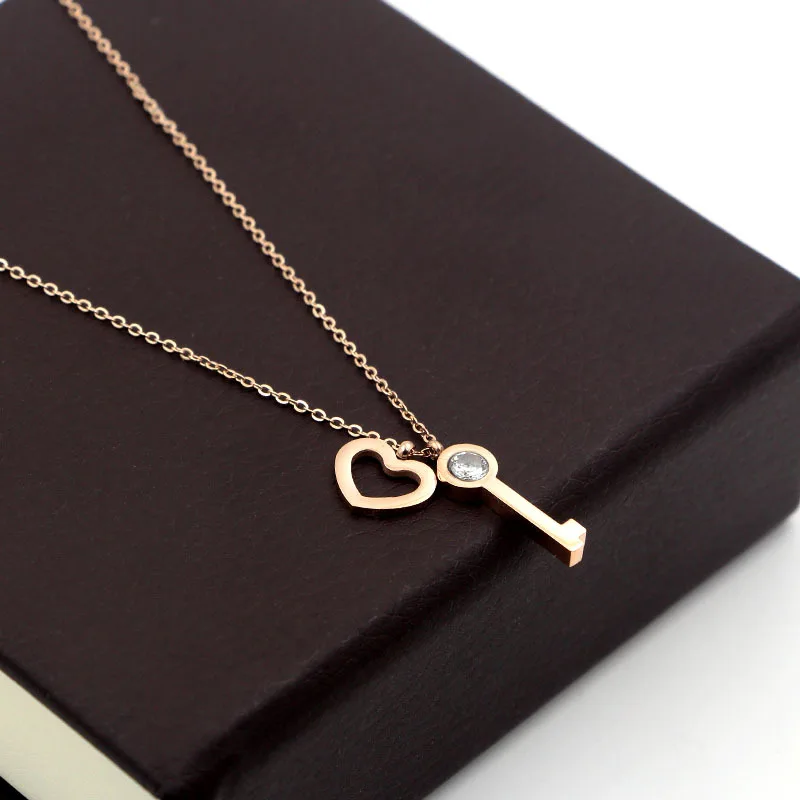 Fashion Stainless Steel Love Crystal Heart Key Pendant Necklace Rose Gold Color Women Girl Party Gift | Украшения и аксессуары