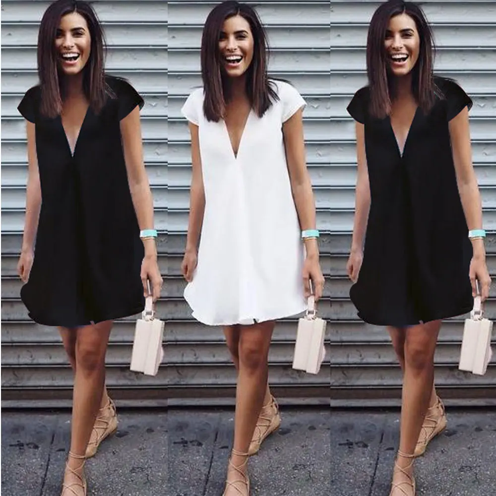 T Shirt Dress Mini White Black Streetwear Robe V Neck Vestidos Mujer 2019 Casual Zomer Jurk Ete Femme Solid Clothes | Женская одежда