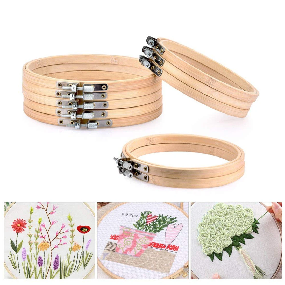 wood color SNNY Новые 10 штук круглые деревянные кольца для вышивки набор рамок, 5 штук 4 дюйма и 5 штук 6 дюймов регулируемые бамбуковые круглые кресты - Цвет: wood color