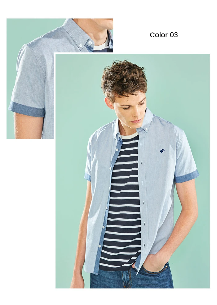 Giordano Оксфорд рубашка с короткими рукавами slim fit и вышивкой лягушки на груди, выполнена из натурального хлопка, имеет два варианта окраса