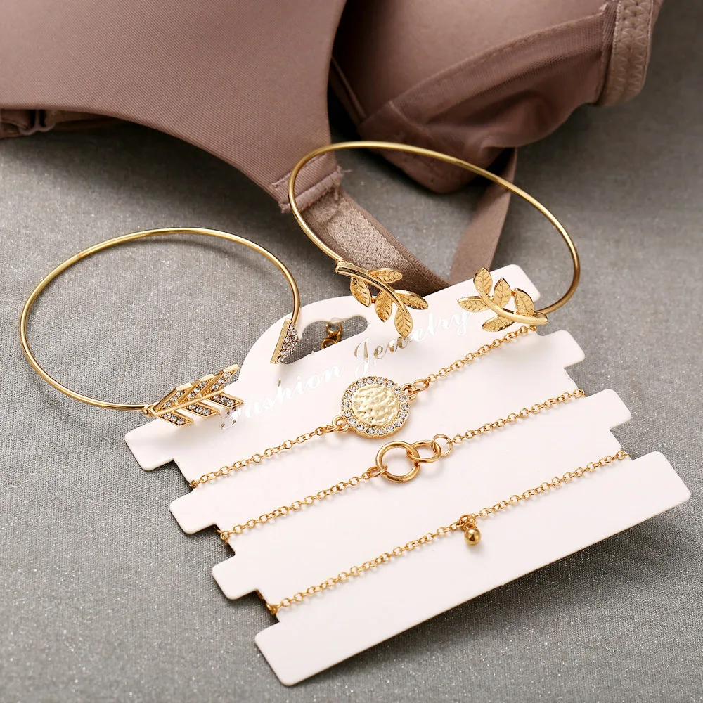 RLOPAY 5Pcs/Set Fashion Arrow Leaf Cuff Circle Round Bracelet Adjustable Bead Chain Female Bangle Jewelry Accessories | Украшения и