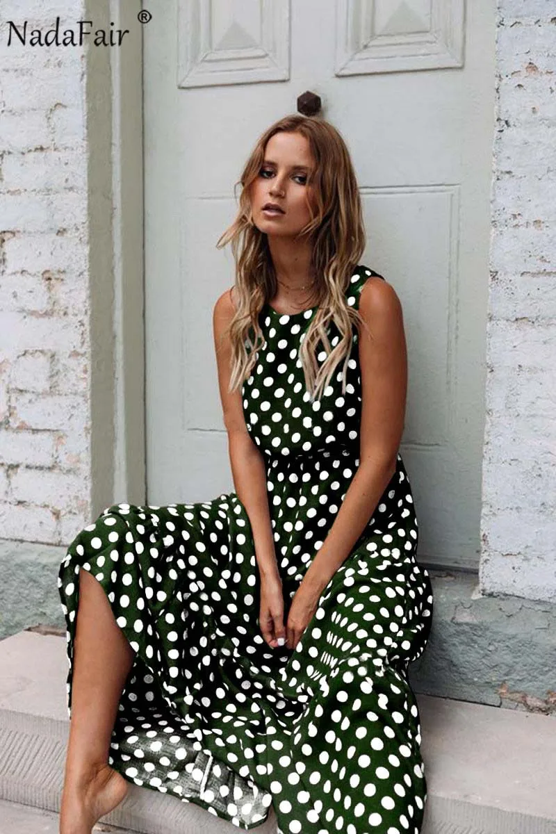 Зеленый Nadafair, макси платье в горошек, для женщин, Boho, пляжные, вечерние, шифон, летнее платье, эластичная талия, в горошек, повседневное, элегантное, длинное платье, Vestidos - Цвет: Зеленый