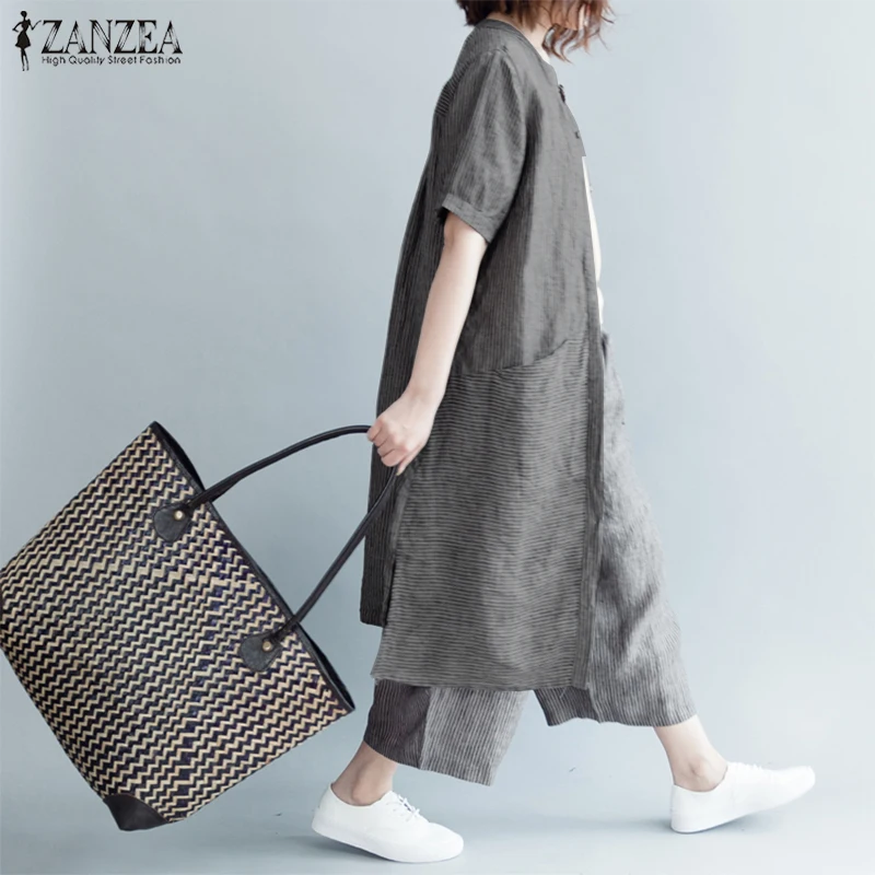 ZANZEA, женские хлопковые льняные блузы, топы, полосатая длинная рубашка, повседневные, с боковыми карманами, с разрезом, с пуговицами, Длинная блузка, сорочка размера плюс