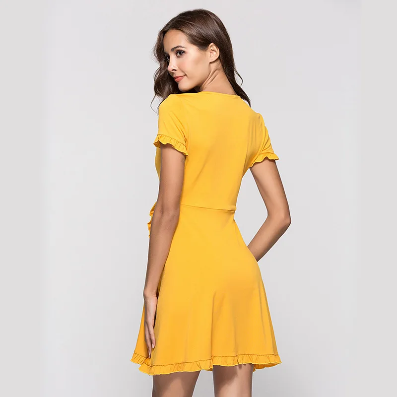 

Jelics women fashion ruffles sexy deep v-neck robe femme solid color short sleeve bohemian mini dress lady casual a-line dresses