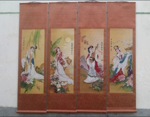 Бесплатная доставка китайская картина из 100% шелка Свиток четыре красивых