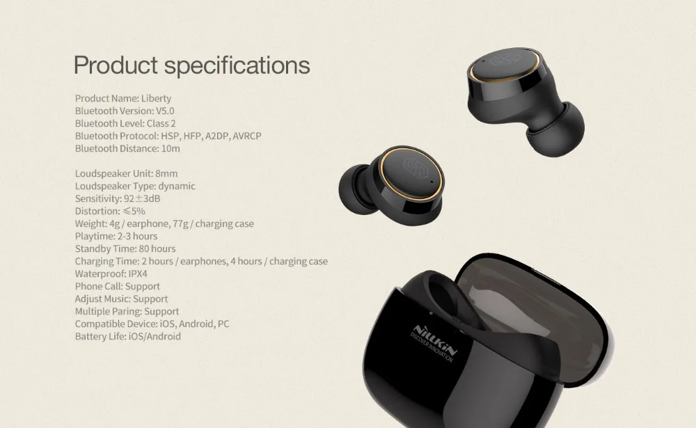 Беспроводные наушники NILLKIN TWS Bluetooth 5 0 IPX4 водонепроницаемые 3D стереонаушники