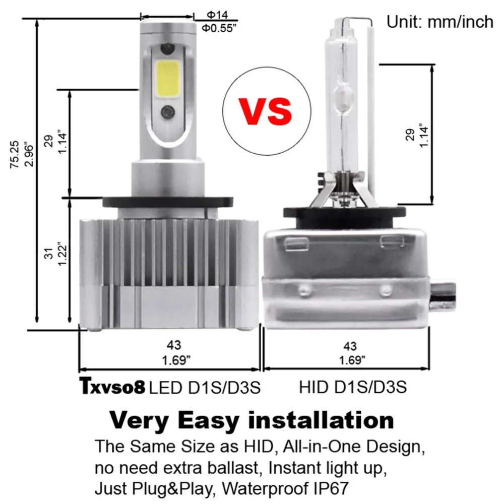 TXVSO8 2 шт. H4 led D1S/D3S противотуманный светильник сменные комплекты флип COB чипы 55 Вт