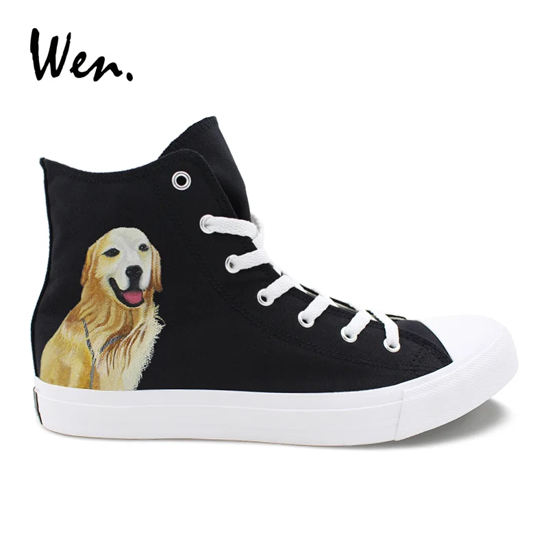 

Wen Design Small Golden Retriever Pet Dog Hand Painted Original Black Shoes Adult High Top Woman Man's Canvas Sneakers