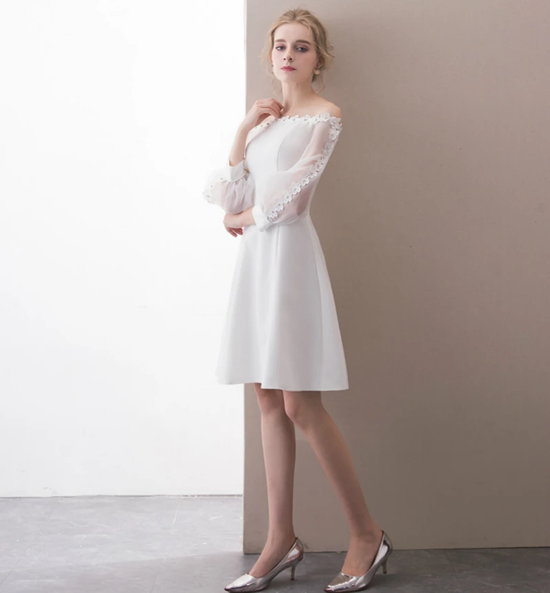 SSYFashion Новые короткие простые коктейльные платья белый вырез лодочкой с длинными