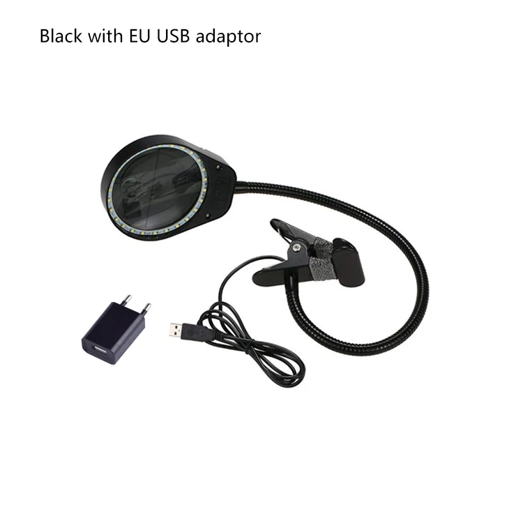 black with EU plug Увеличительное стекло со светодиодными лампами для чтения, ремонта и хобби - Цвет: black with EU plug