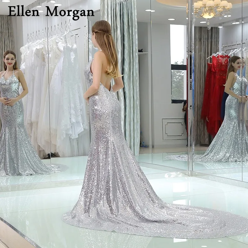 Серебряные платья с открытой спиной на выпускной 2019 сексуальные v-образный Вырез