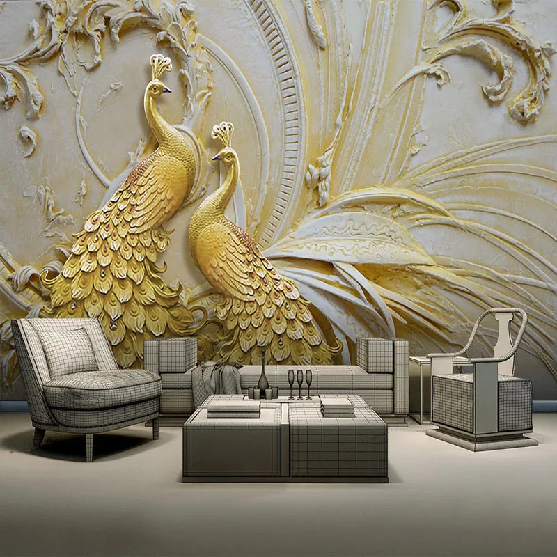

European Style 3D Relief Gold Peacock Mural Wallpaper Living Room TV Hotel Background Home Decor Fresco Wall Papers For Walls 3D