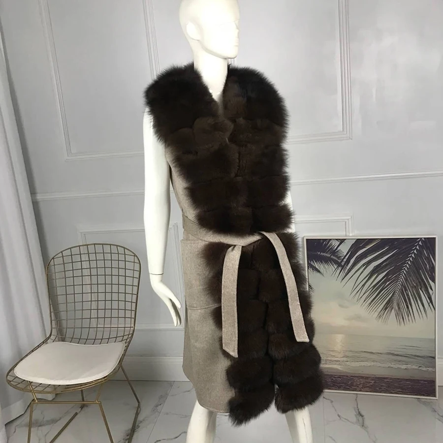 

Fashion Long Cashmere Vest With Natural Fox Fur Trim Women Winter Wool Blend Waistcoat Belt High Quality Outwear