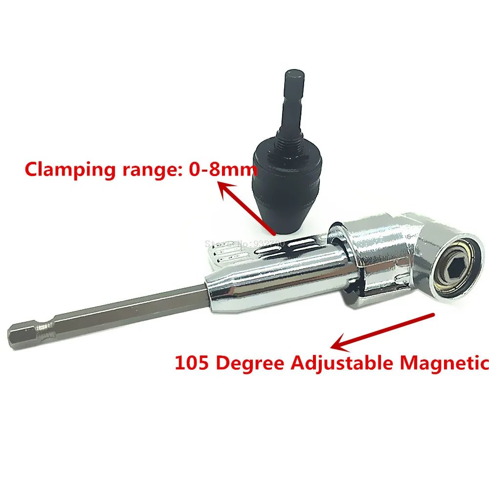 1/4&quot Keyless Drill Bit Chuck Clamp 0-8mm Hex Shank Adapter Converter Quick Change + 105 Degree Magnetic Angle Driver Screwdriver |