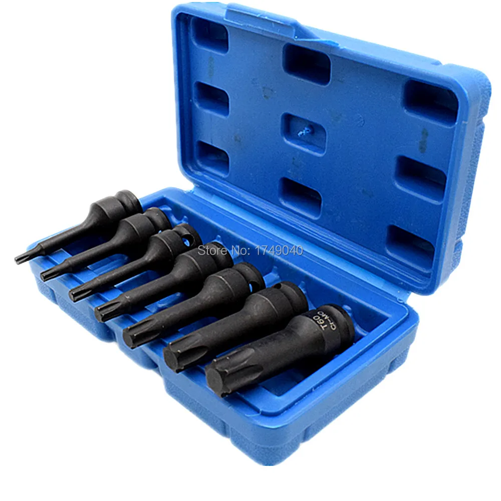 

Impact Torx Star Bits Socket 7pc Set 3/8" Square Drive T20 T25 T30 T40 T50 T55 T60 Chrome Molybdenum Steel Socket Bits 60mm Long