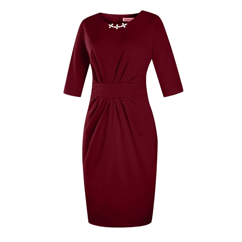 Женское платье-карандаш, осень, расшитое бисером, однотонное, Vestidos, на молнии, длиной до колен, Офисная ткань, размера плюс, женское платье, 4XL, 5XL, 6XL