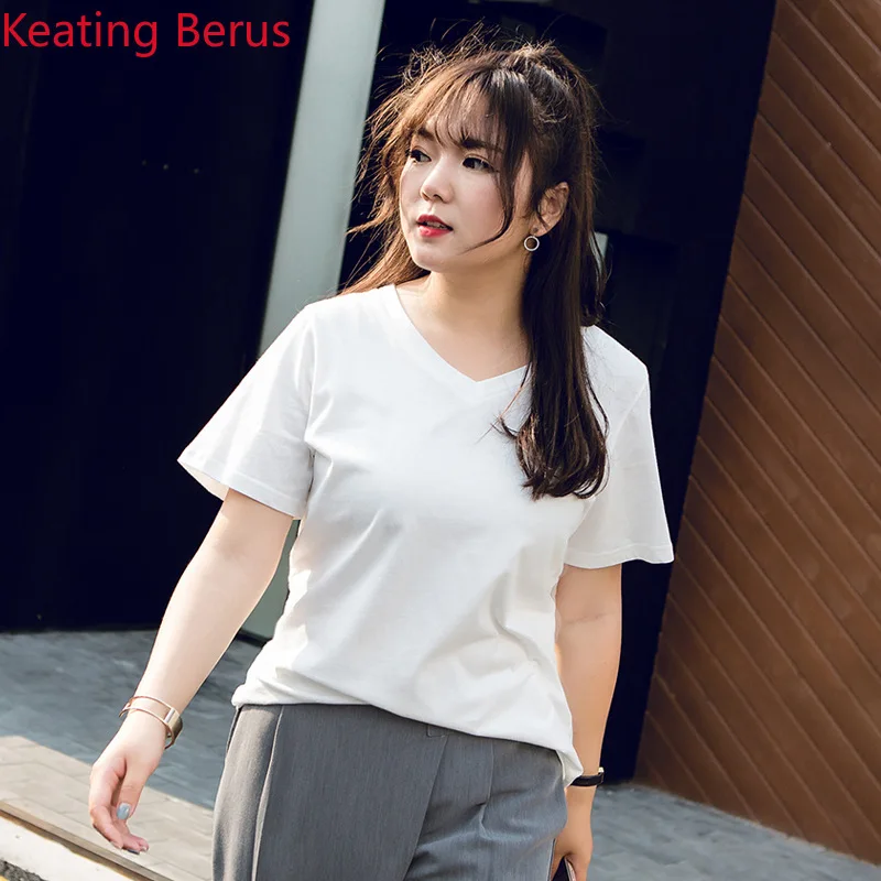 Keatingberus Women's Large Size Summer Short-sleeved Solid Color shirt Loose 7 5XL Top 0683 |