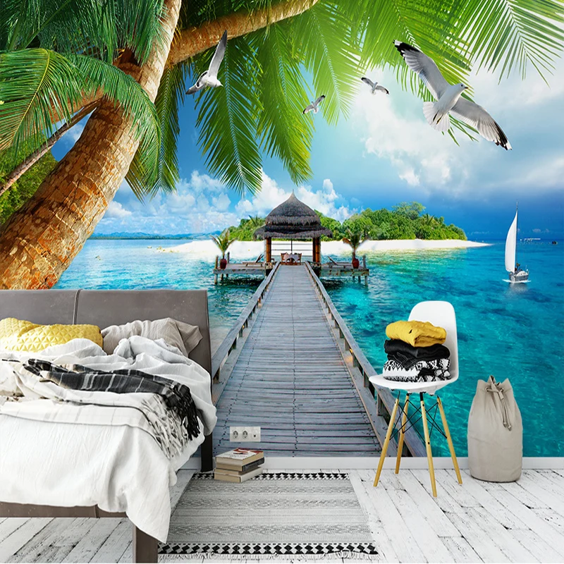 Пользовательские фотообои 3D морской пейзаж Пальмовый остров деревянная Фреска с