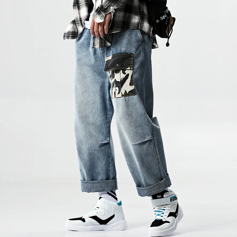 Мужские широкие джинсы SingleRoad камуфляжные синие до щиколотки с карманами в стиле