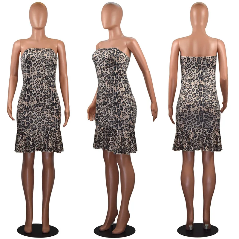 Сексуальное леопардовое платье миди без бретелек женское рукавов с оборками по
