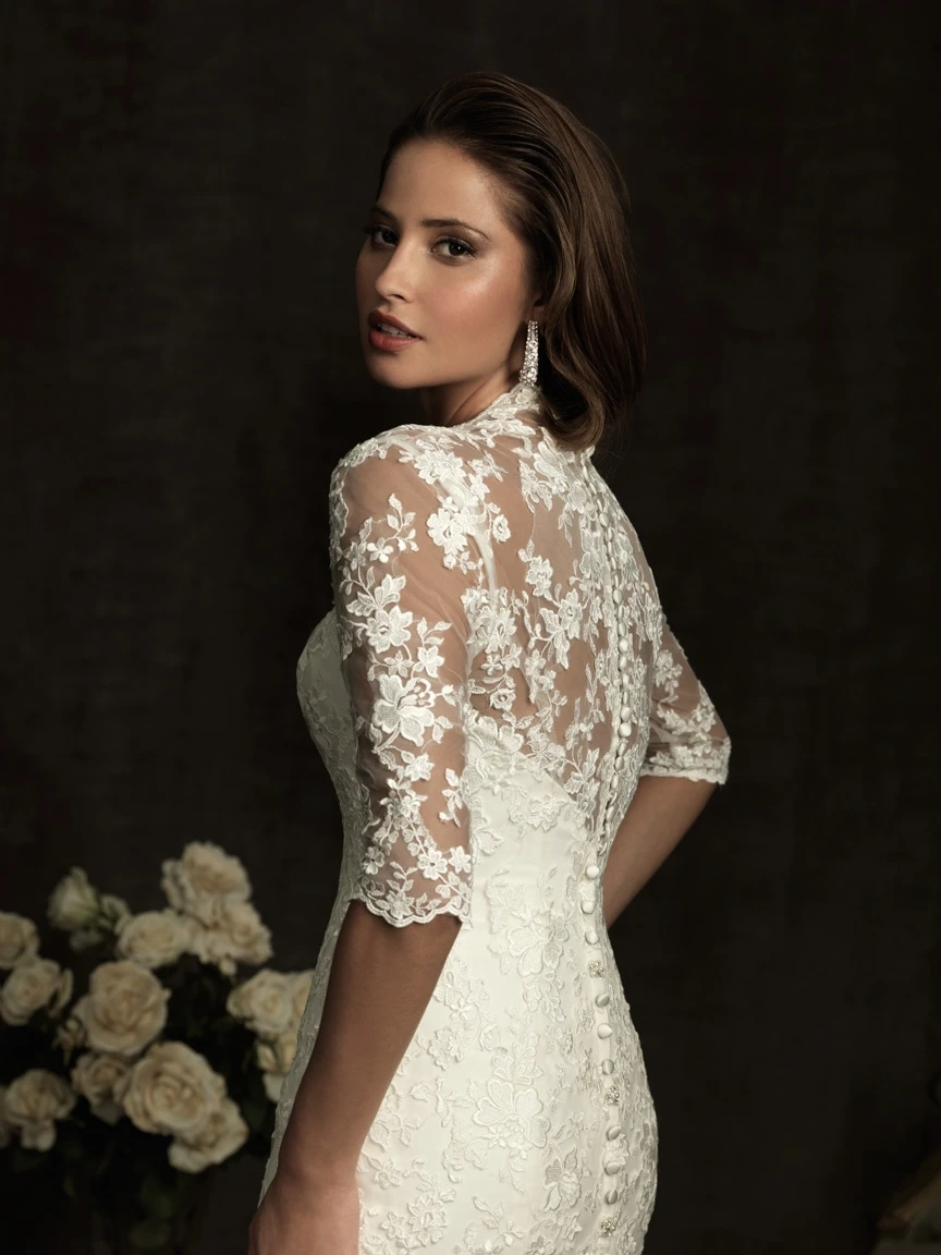cheap-2014 Popolar Fashion A-line V-neck Slim Throughout Lace &amp Appliques Half Sleeves Sheer Covered Back Elegant Weddi | Свадьбы и