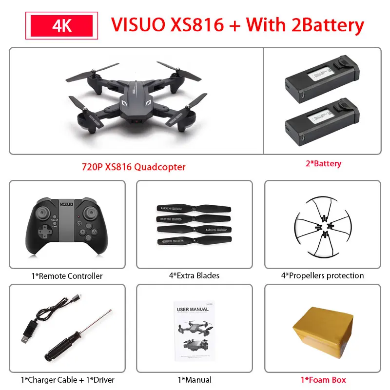 4k 2B Foam Box Визуализации XS816 беспилотный летательный аппарат для контроля уровня сахара в крови с 50 раз зум Wi-Fi FPV 1080P или 4K двойной Камера оптического потока Квадрокоптер складной селфи Дрон VS SG106 - Цвет: 4k 2B Foam Box