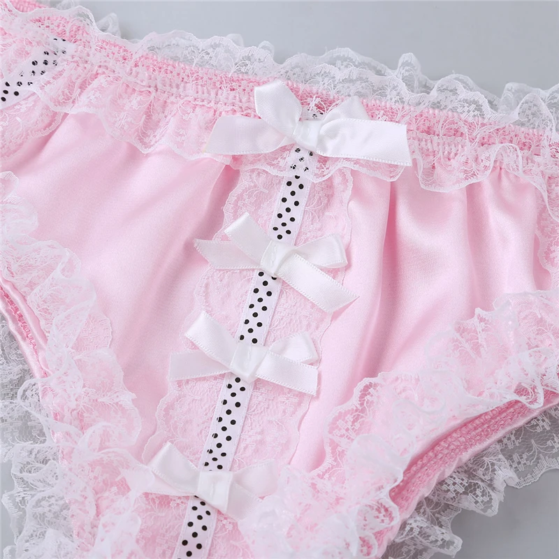 Freebily Mens Shiny Satin Lingerie Ruffled Floral Lace Cute Bowknot Bikini Briefs Underwear