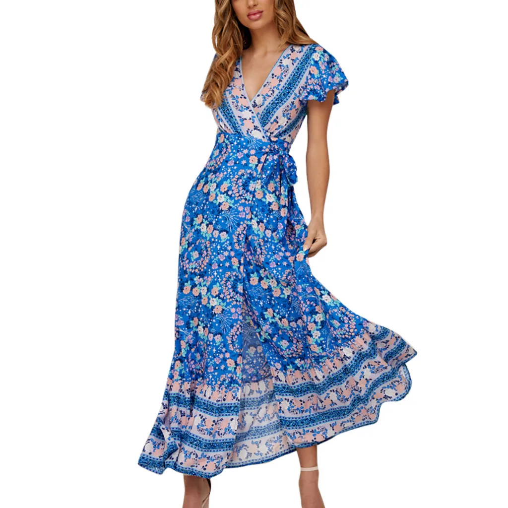 Свободное женское платье из страуса, бохо, длинное, VNeck, цветочное, синее, вечернее пляжное платье, сарафан, растущее, свежее, модное, женское платье, летнее