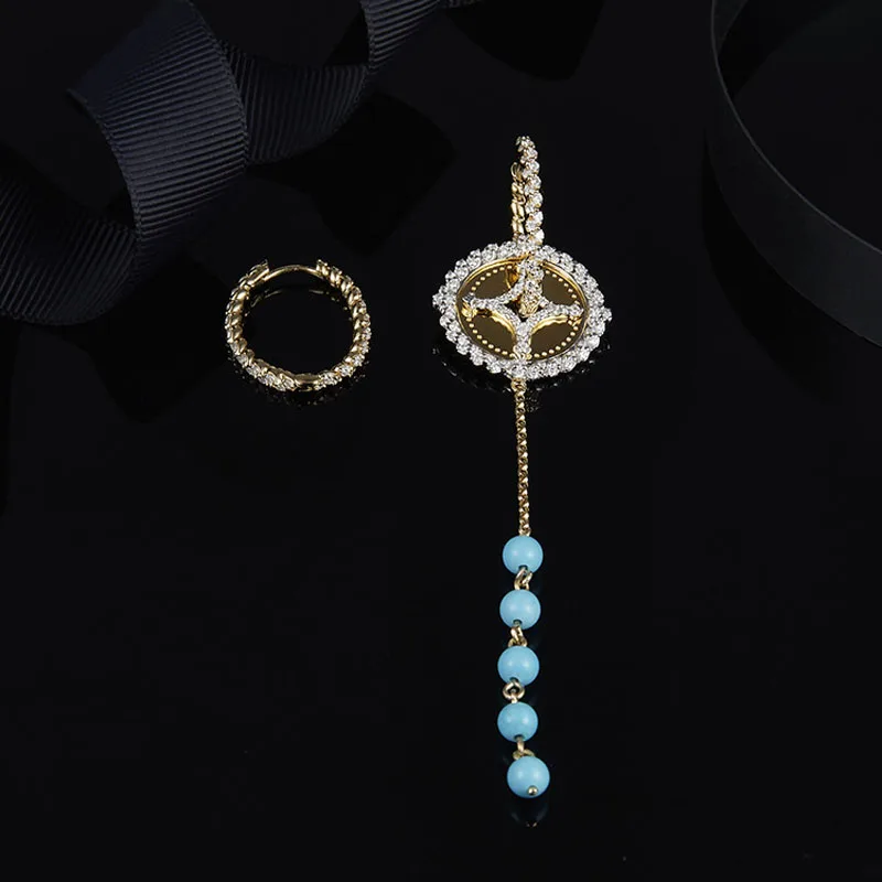SLJELY Real 925 Sterling Silver Yellow Gold Color Asymmetric SOLSEIL Earrings with Turquesa Zirconia Stones Women Fine Jewelry | Украшения