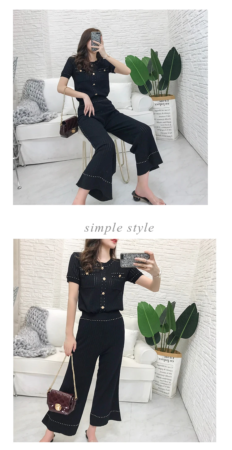 ALPHALMODA Модный трикотажный костюм из двух частей, женский летний костюм, новинка, пуловер с коротким рукавом, широкие брюки, повседневные комплекты