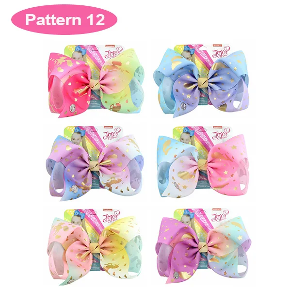 Pattern12 8 дюймовые большие Jojo заколки для волос для девочек, банты с металлическими и карточными блестками, Радужный Единорог, рог, бант-узел, 27 стилей, Jumbo Jo Ленточные банты - Цвет: Pattern12