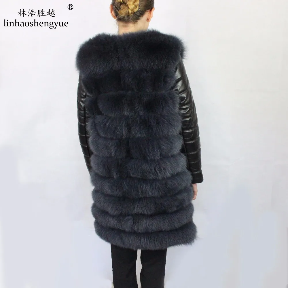 Linhaoshengyue 2017 HOT Selling 100% Fox Fur Women Coat with Leather Sleeves Warm Fashion  Detachable Sleeves
