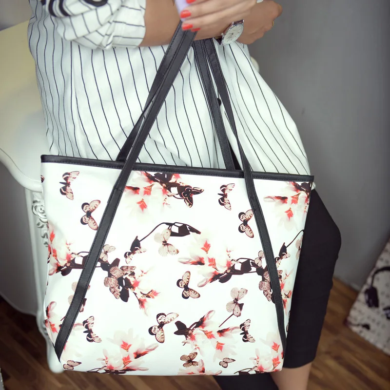 Кожаные сумки для женщин на плечо с цветочным принтом и бабочкой женская большая