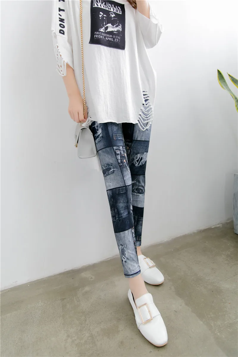 Grey Printed Hole Поддельные джинсовые леггинсы с принтом, темно-синие женские джеггинсы, лето-осень, молочный шелк, матовые леггинсы, мягкие эластичные леггинсы, одежда 70 кг - Цвет: Grey Printed Hole