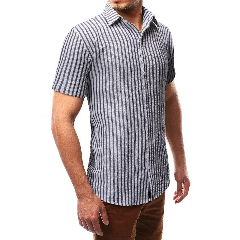 

2019 New Men's Short Sleeve Striped Shirt Male Summer Slim Fit Shirts Men Breathable Business Casual Shirt Tops M-2XL