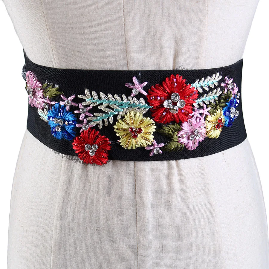 

Vintage embroidered stretch wide belt lady folk style diamond all-match cheongsam wedding accessories elastic waistband F409