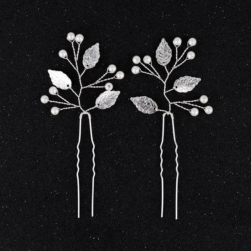 Заколка для волос с искусственным жемчугом и листьями серебристого цвета
