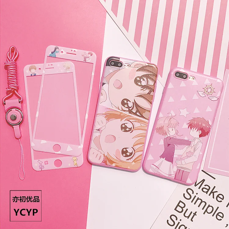 For iphone X Cardcaptor Sakura Case+Tempered Glass Screen Protector Film for iPhone 6 6s Plus 7 7plus 8 8plus Sailor Moon cover |