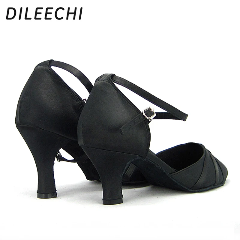 DILEECHI черные атласные туфли для латиноамериканских танцев Женская Обувь бальных