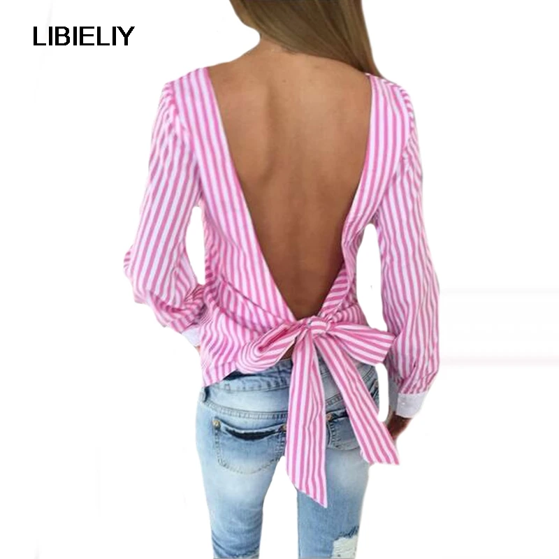 Блузка женская в полоску с бантом пикантная рубашка открытой спиной длинным