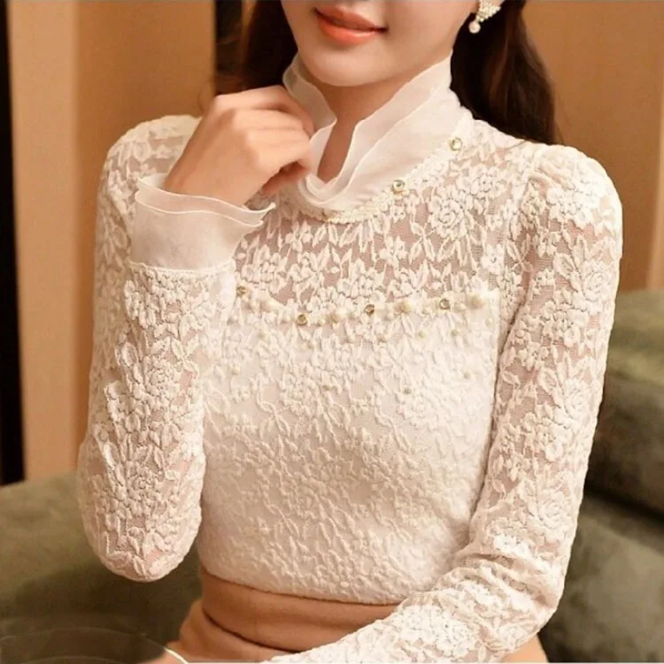 Женская кружевная блузка с рюшами Полупрозрачная воротником размеры до 5XL|crochet