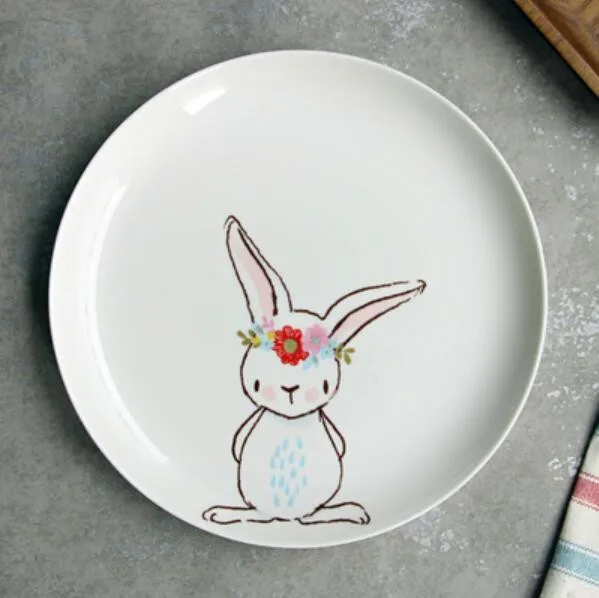 NOOLIM 1PC 8 inch Ceramic Dinner Plate Rabbit Animal Dinner Dishes Pasta Steak Dessert Plates Fine Bone China Kitchenware - Цвет: E