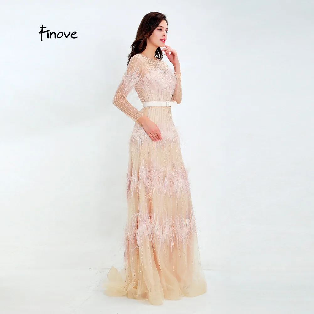 Finove Luxury Illusion Prom Dress New Design 2020 Tulle with beaded Feathers Sashes A-Line Evening Woman Party Gowns | Свадьбы и