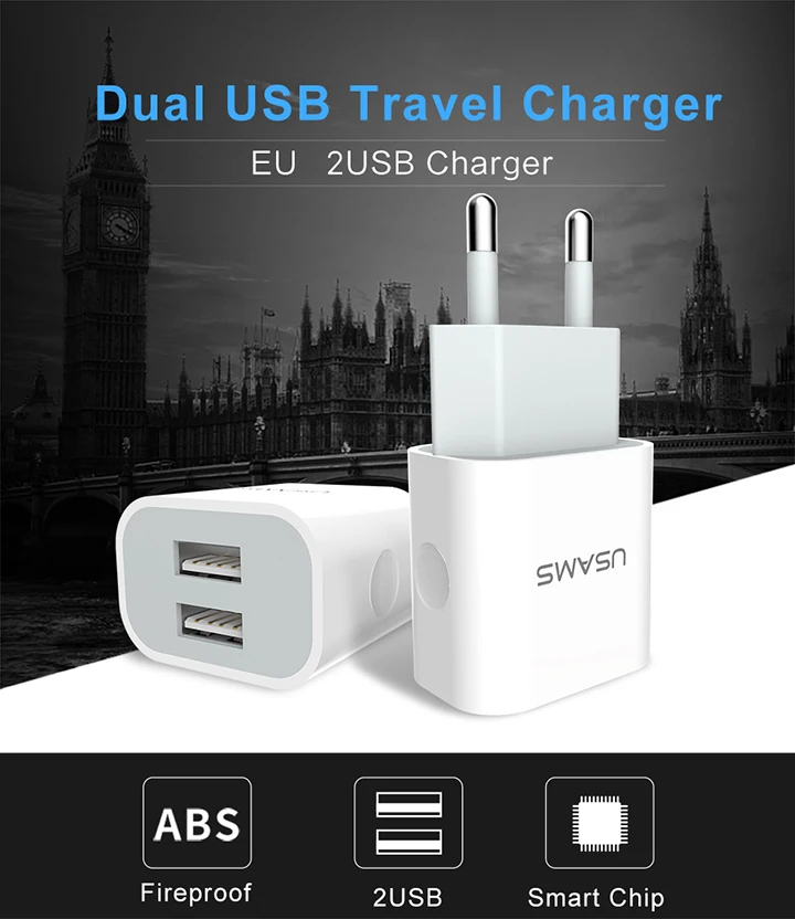 USAMS USB зарядное устройство 5 В/2,4 А зарядное устройство для мобильного телефона для iPhone samsung 2 порта EU/UK вилка настенное зарядное устройство для iOS/Android телефон зарядное устройство s