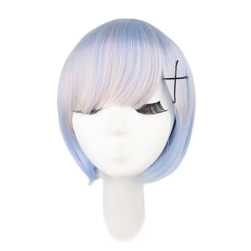 

QQXCAIW Short Straight Cosplay Rem/Ram Pink and Blue Synthetic Hair Wigs