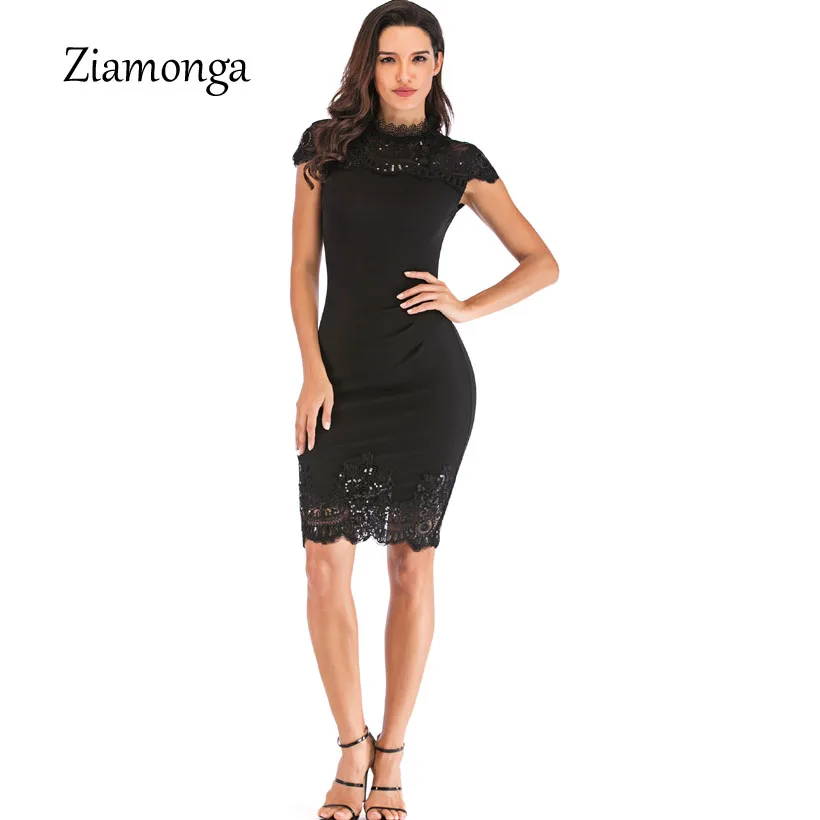 Ziamonga Лето Bodycon платье карандаша женский черный короткий рукав o образ|Женские