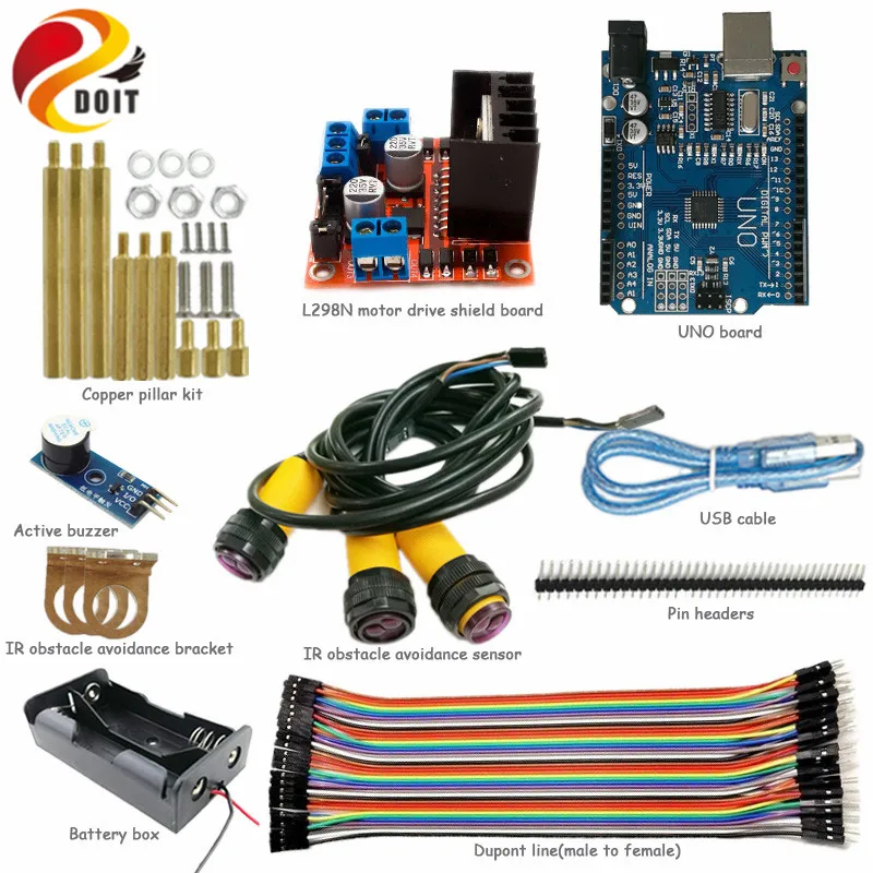 

Obstacle Avoidance Kit with L298N Motor Drive Shield+Arduino UNO R3 Board+IR Obstacle Sensor for Robot Tank Chassis DIY Kit