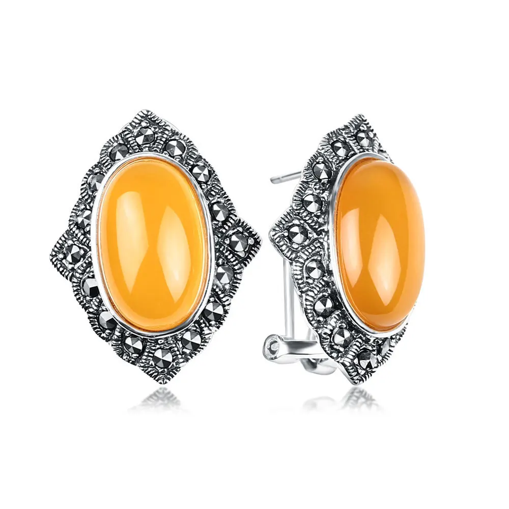 Yellow JIASHUNTAI, винтажные, 925 пробы, серебряные, натуральные серьги из халцедона, желтый Агат, драгоценный камень для женщин, серебряные серьги, хорошее ювелирное изделие - Цвет камня: Yellow