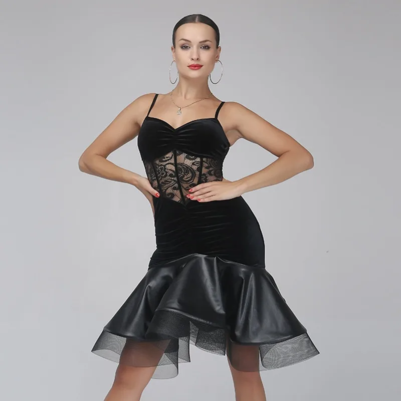 Черное бархатный латинский платье для танцев с бахромой женское